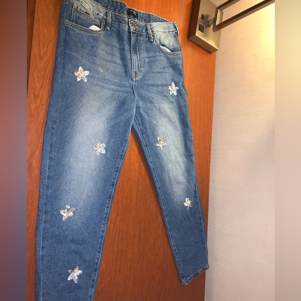Denim Indigo light blue boyfriend jeans with sewed holographic glitter stars.